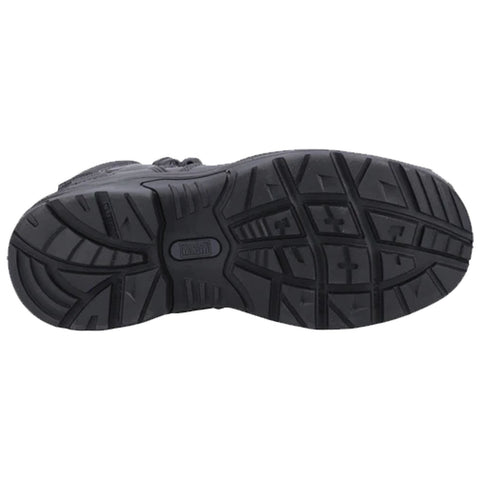 A black shoe sole is displayed showing a textured rubber pattern designed for traction while resting against a neutral background with no other objects or context visible.