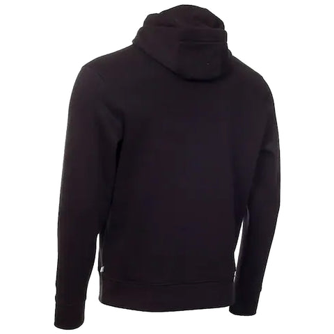 A black hoodie is displayed facing away with the hood up showing a simple design and long sleeves in a neutral setting that emphasizes its casual style and fabric texture.