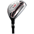 A metallic golf club head with a sleek design and red accents is angled to display its face and features. It is part of a golf club used for hitting balls.