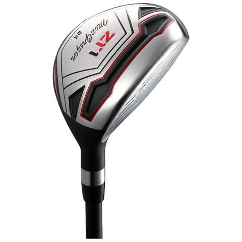 A metallic golf club head with a sleek design and red accents is angled to display its face and features. It is part of a golf club used for hitting balls.