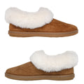 A pair of brown slippers with a plush white fur trim rests side by side on a plain background showcasing soft suede and a cushioned sole designed for indoor comfort.