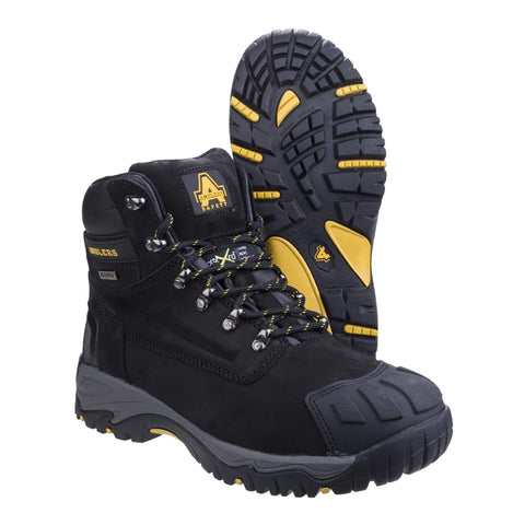 A pair of black safety boots with yellow accents are positioned upright and angled. The boots feature sturdy laces and textured soles, suitable for rugged outdoor or work environments.