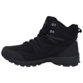 A black mid-top hiking boot features a textured upper with reinforced supports and metal eyelets while displaying a rugged sole designed for traction on uneven terrain.