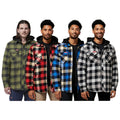 Four men are wearing plaid jackets in green red blue and black while standing side by side against a white background showcasing different styles and colors of the jackets