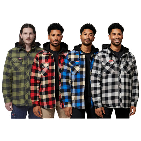 Four men are wearing plaid jackets in green red blue and black while standing side by side against a white background showcasing different styles and colors of the jackets