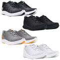 Four pairs of athletic shoes are displayed in a stacked arrangement showcasing various colors including black gray and white each pair features a sleek design with textured patterns and laces