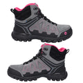 High-top hiking boots are displayed with a gray exterior and pink accents. They feature waterproof materials and rugged soles, designed for outdoor activities on various terrains.