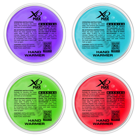 Four circular hand warmers are displayed in different colors: purple, blue, green, and red. Each has operating instructions, safety warnings, and content details printed on it, located in a flat arrangement.