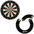 A circular dartboard with numbered sections and alternating colors hangs above a black rubber throw line mat designed for dart games set in a casual game area.