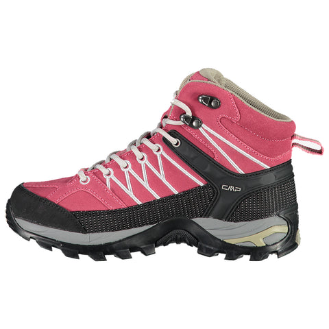 A pink and gray hiking boot is displayed prominently with laces threading through metal eyelets and a rugged sole designed for traction in outdoor terrain.