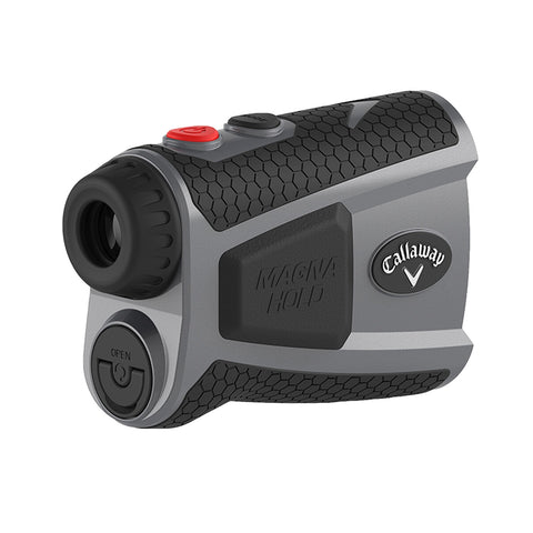 A gray and black rangefinder features buttons for operation and a textured grip for stability. It is designed for outdoor use, typically in golf or similar activities.