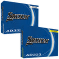 Two golf ball boxes are displayed featuring the Srixon brand The top box is labeled Pure White and the bottom box is labeled Tour Yellow both indicate AD333 model and are blue with graphics.