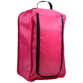 A bright pink bag stands upright featuring a zipper and a black trim contrasting with its color showcasing a simple design likely for carrying items in casual settings.