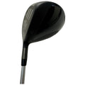 A black golf driver is positioned at an angle showcasing its sleek design and detailed face grooves intended for striking golf balls on a course or driving range.