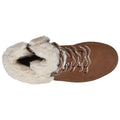 A brown winter boot features a fluffy white fur lining and braided laces positioned on a flat surface, showcasing its functional and cozy design ideal for cold weather.