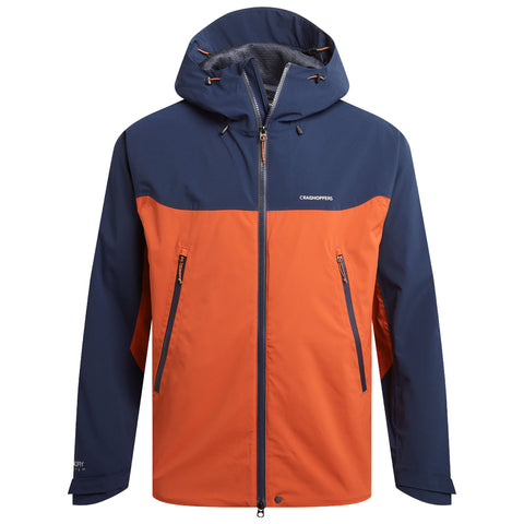 A two-toned jacket features a navy blue upper section and an orange lower section with a zippered front and two side pockets designed for outdoor activities in variable weather conditions.