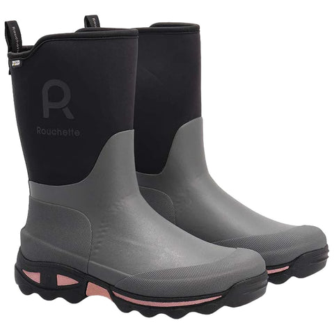 Gray waterproof boots are displayed standing upright with a black upper section The boots feature the letter R and the word Rouchette on the side and have a textured sole