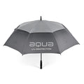 A gray umbrella is opened and positioned upright featuring a black handle the fabric displays the text aqua UV-PROTECTION indicating its purpose for shielding from sunlight or rain.