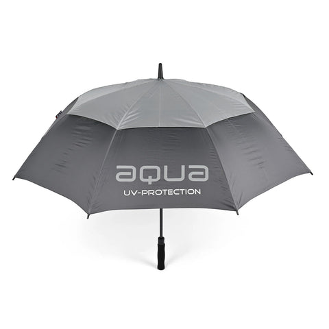 A gray umbrella is opened and positioned upright featuring a black handle the fabric displays the text aqua UV-PROTECTION indicating its purpose for shielding from sunlight or rain.