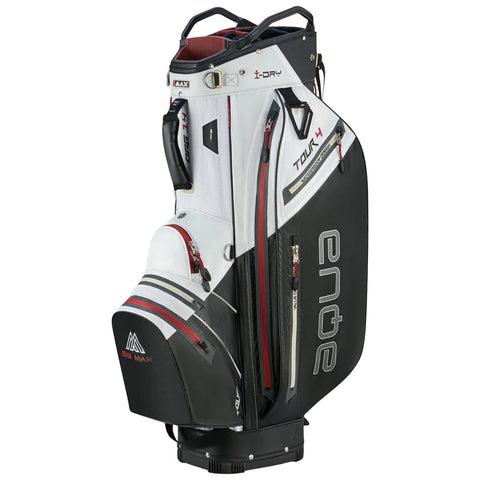 A golf bag stands upright featuring multiple pockets and compartments it is designed to hold golf clubs and accessories with a sleek black and white design accented by red details.