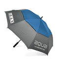 A large umbrella with a blue and gray canopy stands upright displaying the brand name Big Max and the words aqua UV-PROTECTION suggesting it provides sun and rain protection in outdoor settings.