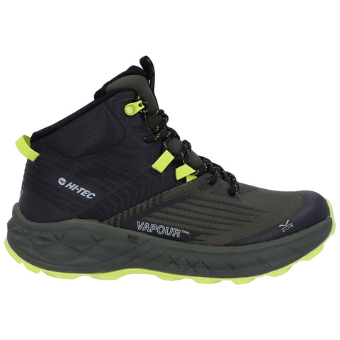 Footwear designed for outdoor activities features a high ankle design with black and green accents providing stability and support for trail walking or hiking in rugged environments.