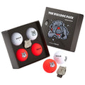 A closed black box displays four golf balls in red and white with bulldog graphics organized neatly inside along with a bulldog-themed ball marker illustrating a playful sporting context. The box features the title "THE BULLDOG PACK LIMITED EDITION".