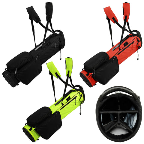 A golf bag with adjustable shoulder straps is displayed in three colors black red and neon green featuring multiple pockets for storage and a structured bottom for stability