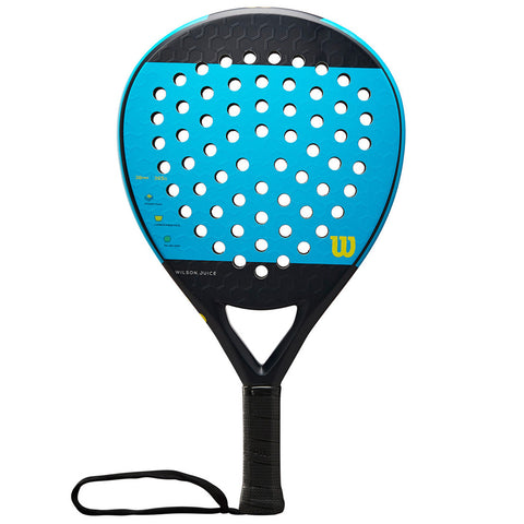 A padel racket with a blue and black design features numerous perforations on the hitting surface. The handle is wrapped for grip and includes a wrist strap for security during play.