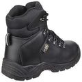 A black hiking boot is shown standing upright with a high top design featuring laces and metal eyelets for securing. The environment appears neutral and plain enhancing the boot's visibility.