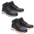 Black high-top shoes with textured mesh and rubber soles sit side by side showcasing two color variations one with blue accents and the other with orange on a plain background.