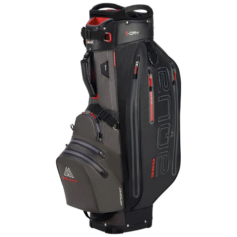 A golf bag stands upright featuring multiple zipped pockets and a sleek design. It is primarily black with red accents and compartments for organizing golf equipment.