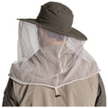 A person is wearing a wide-brimmed hat with a protective mesh neck shield that drapes down their back in an outdoor setting, likely to shield against insects.