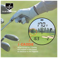 A golfer holds a club while a device displays yardage and club suggestions on a screen set against a green golf course with a bunker in the background. Text reads: "i-CADDIE When turned on i-Caddie will suggest a club based on distance to the flagstick"