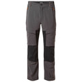 Gray hiking pants display pockets and contrasting black detailing at the bottom. They are designed for outdoor activities, emphasizing durability and utility in rugged environments.