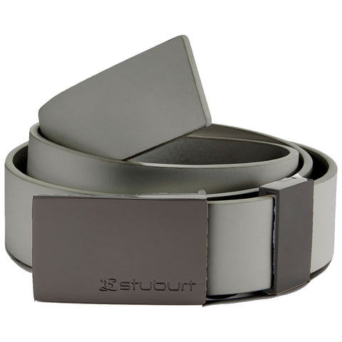 A grey belt with a sleek metal buckle lies coiled on a flat surface showcasing its smooth texture and modern design suitable for casual or semi-formal attire.