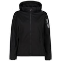 A black jacket with a hood is displayed facing front featuring a front zipper and a zippered pocket on the left sleeve emphasizing a sleek and functional outdoor design.