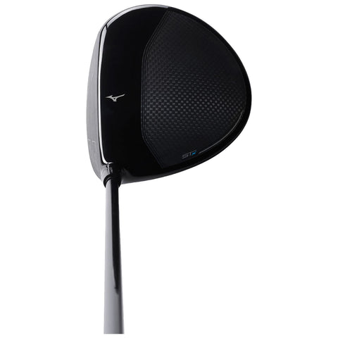 A golf driver is positioned upright showcasing a sleek black head with a carbon fiber texture and a slender shaft extending vertically the background is plain and white