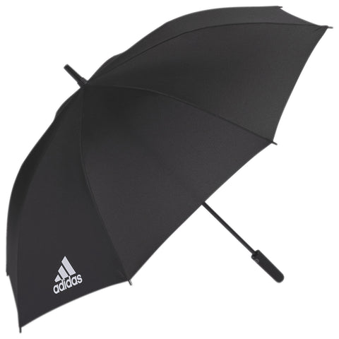 A black umbrella is opened wide providing coverage the fabric is smooth and free of any patterns it features a white logo on one side indicating a sports brand.