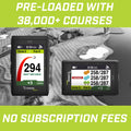 Two golf GPS devices display data including shot distance and hole information against a background of a golf course with water hazards and greens highlighting features for golfers without subscription fees. Pre-loaded with 38,000+ courses.