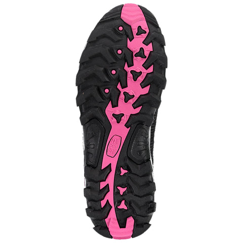 A black athletic shoe sole with a patterned tread design features pink accents. It is positioned flat, showcasing its traction elements for better grip on various surfaces.