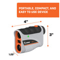 A compact handheld laser rangefinder designed for easy use features dual optical lenses with an ergonomic grip and a power button highlighted in orange dimensions include 4 inches by 3 inches by 1.25 inches. Text reads PORTABLE COMPACT AND EASY TO USE DEVICE.