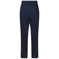 Navy blue trousers are positioned upright showcasing the back view with a smooth fabric finish and subtle details at the waistband and pockets in a neutral background.