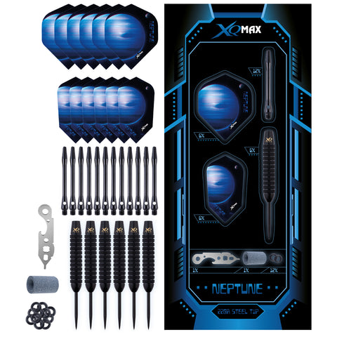 A dart set includes multiple blue-and-black dart flights with a planet design several black steel-tipped darts a small tool and rubber O-rings arranged against a dark, tech-themed background.