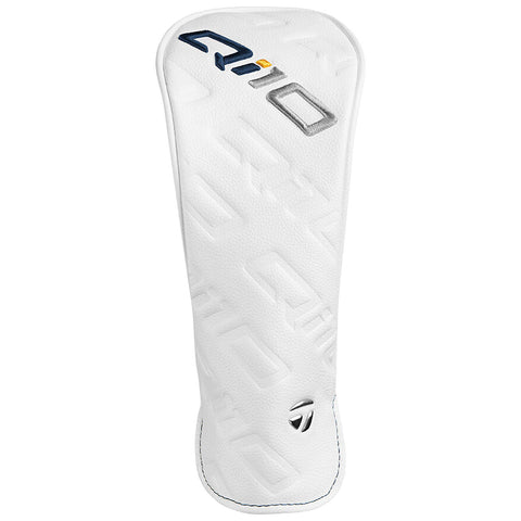 A white golf club headcover is displayed upright featuring a textured surface with the brand name and logo embossed on it the cover protects the club while adding style