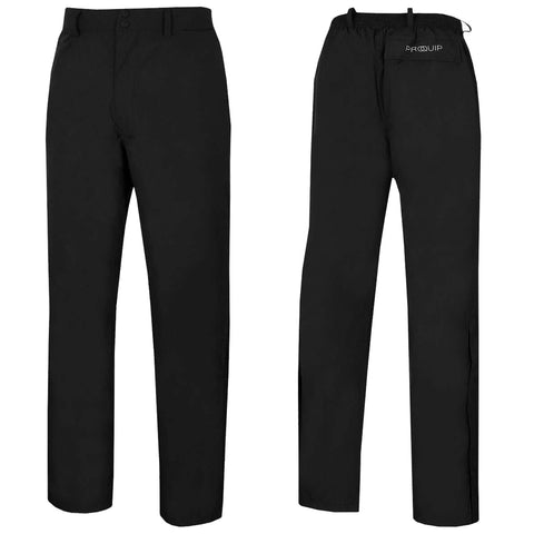 Black pants displayed from the front and back positions featuring a flat front with two buttons and an elastic waistband with a drawstring and a logoed back pocket.