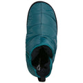 A teal padded slipper sits upright showcasing a plush interior designed for warmth and comfort intended for indoor or outdoor use providing insulation in cold environments.