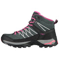 A hiking boot with a dark gray and black design features pink laces and accents while showcasing a sturdy sole and padded collar for support in outdoor activities.