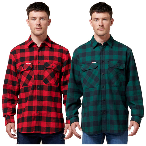 Two flannel shirts are displayed side by side on a man one is red and black checkered while the other is green and black checkered both featuring two chest pockets and button fronts