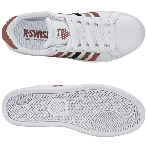 A pair of white athletic shoes features brown and black stripes on the side with laces and a textured sole visible on the bottom view showing a tread pattern. The insole has brand text.